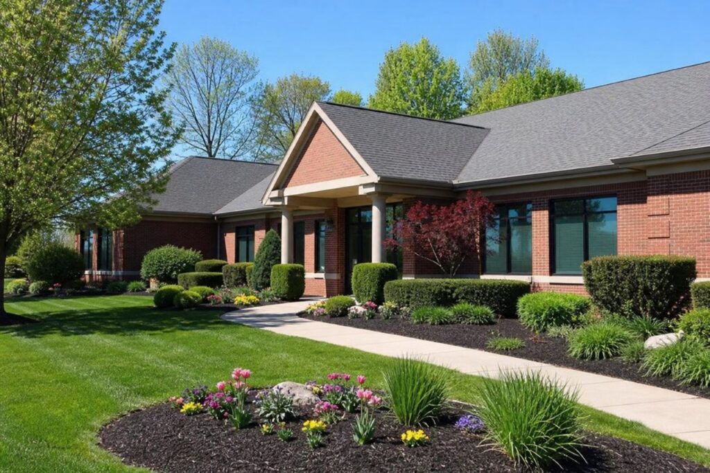 Professionally maintained commercial landscaping outside an office building in Lancaster, Ohio.