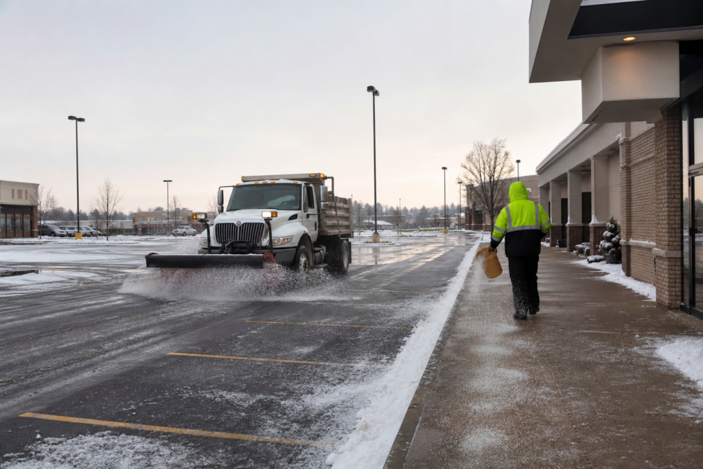 Commercial snow removal and ice management services at a retail property during winter in Ohio.
