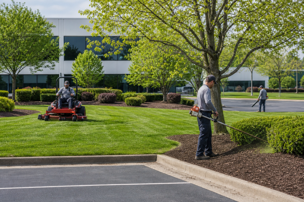 Commercial landscaping crew mowing grass and trimming shrubs at a business property in Lancaster, Ohio.